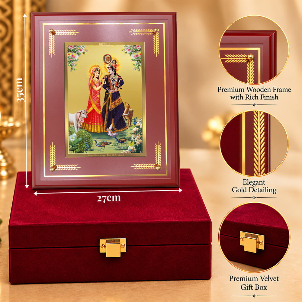 24K Gold-Plated Radha Krishna with Cow MDF Frame | Premium  Gift Box | 27x35 CM
