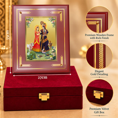 24K Gold-Plated Radha Krishna with Cow MDF Frame | Premium  Gift Box | 27x35 CM