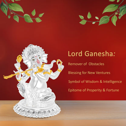 Diviniti 999 Silver Plated Lord Ganesha Idol Statue Elegant Spiritual Décor for Home & Office Pooja Room Accent Gift (15.5x14 CM)