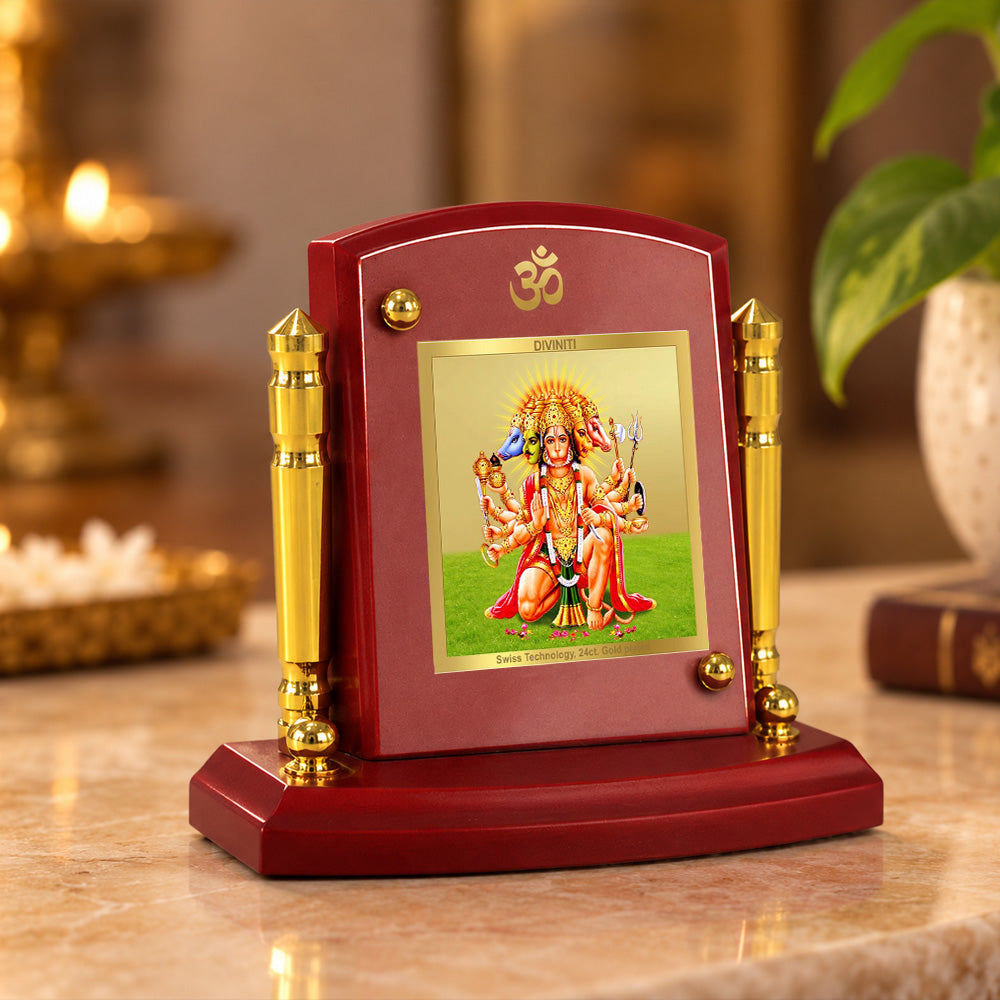 24K Gold-Plated Panchmukhi Hanuman MDF Car Dashboard Frame | 7.5x9 CM