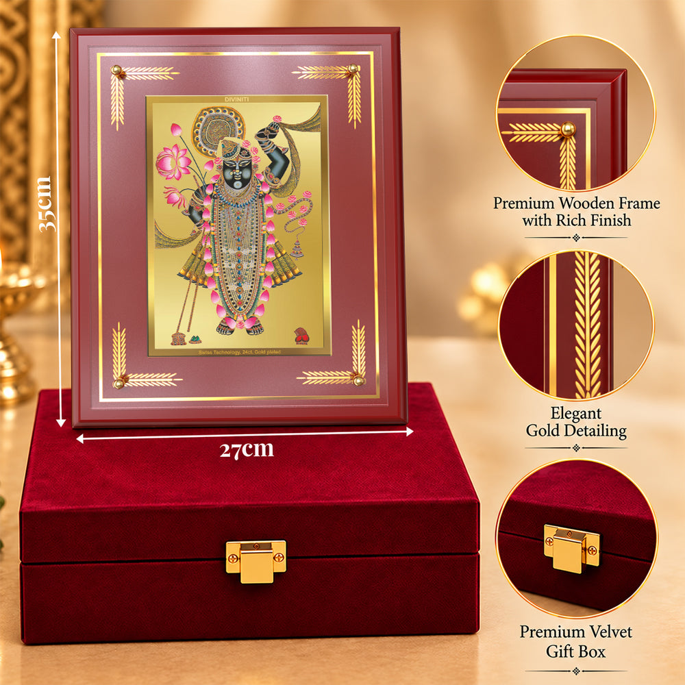 24K Gold-Plated Lord Shrinath Ji MDF Frame | Premium Gift Box | 27x35 CM