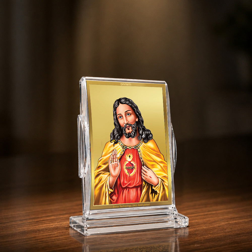24K Gold-Plated Jesus Christ Acrylic Car Dashboard Frame | 11x7 CM