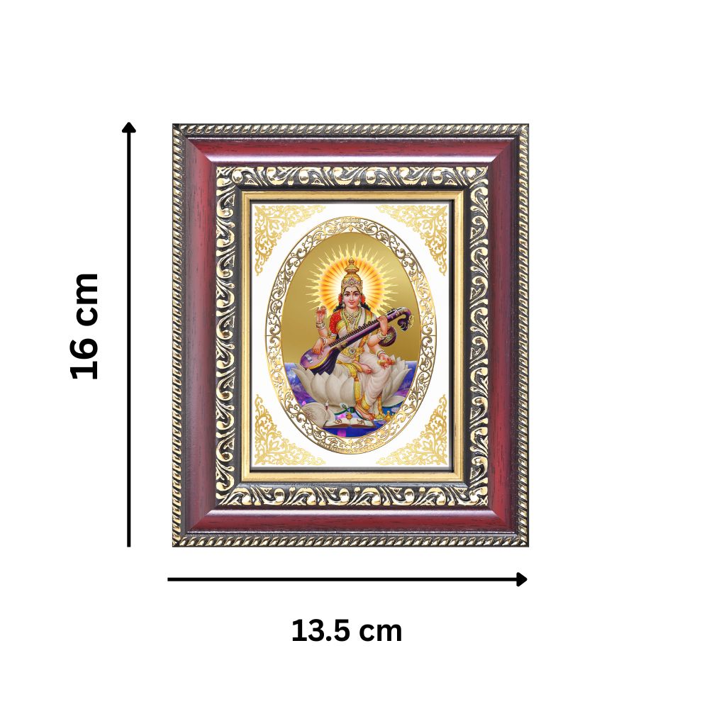 Diviniti 24K Gold Plated Saraswati Mata (ROYAL) Divine Table Top Frame for Home Mandir & Office Decor | Luxury Spiritual Gift
