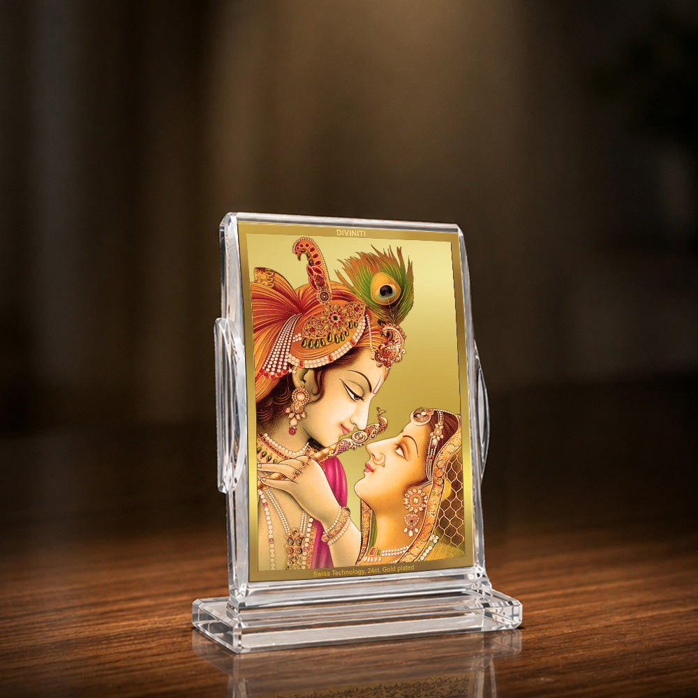 24K Gold-Plated Radha Krishna Acrylic Car Dashboard Frame | 11x7 CM