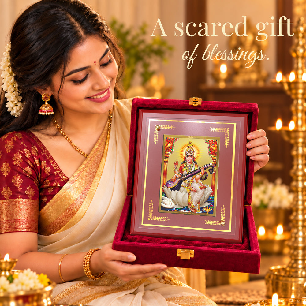 24K Gold-Plated Saraswati MDF Frame | Premium Gift Box | 22 X 18 CM