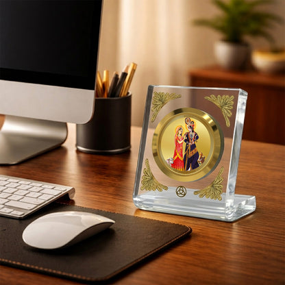 24K Gold Plated Radha Krishna With Cow Acrylic Car Dashboard Frame | 8x7 CM