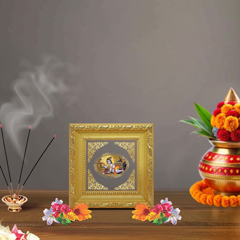 Laddu Gopal | Divine Bal Krishna Royal Tabletop Photo Frame in 24K Gold Plated Foil