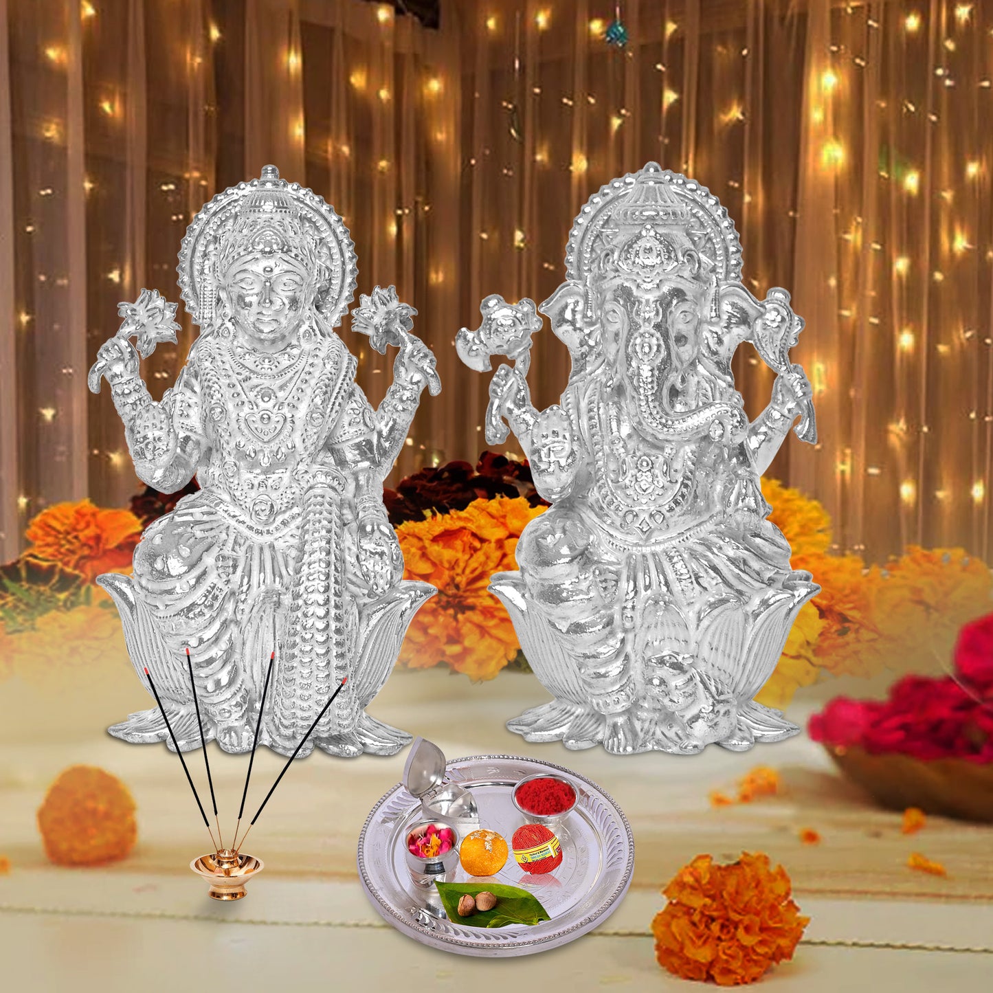 Diviniti 925 Pure Silver Puja Thali Kit Luxurious Tradition for Spiritual Ceremonies for Home & Office Décor, Puja Room Diwali Gift (279g)