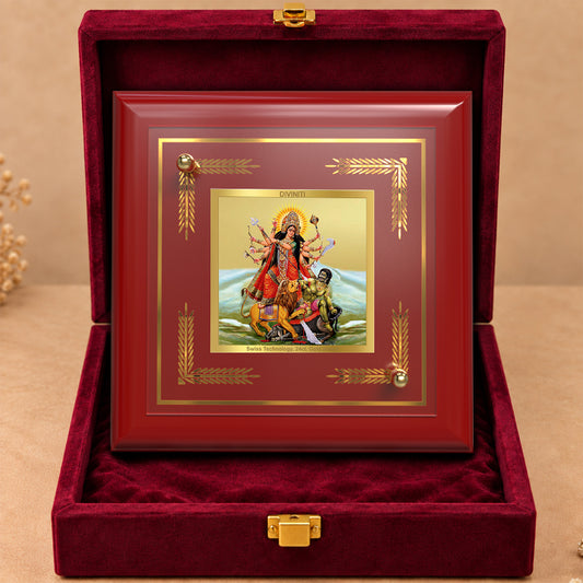 24K Gold-Plated Durga Mahishasura Mardini MDF Frame | Premium Gift Box | 10x10 CM