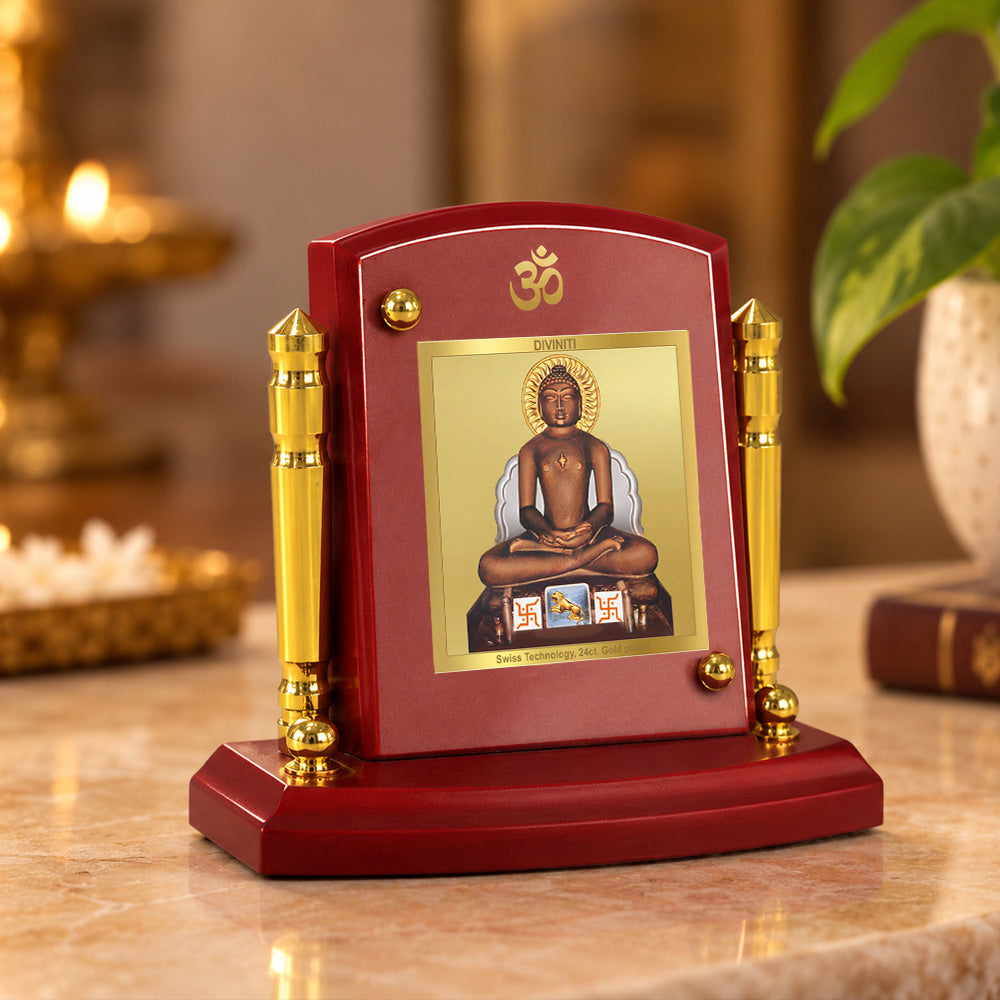 24K Gold-Plated Lord Mahavira MDF Car Dashboard Frame | 7.5x9 CM