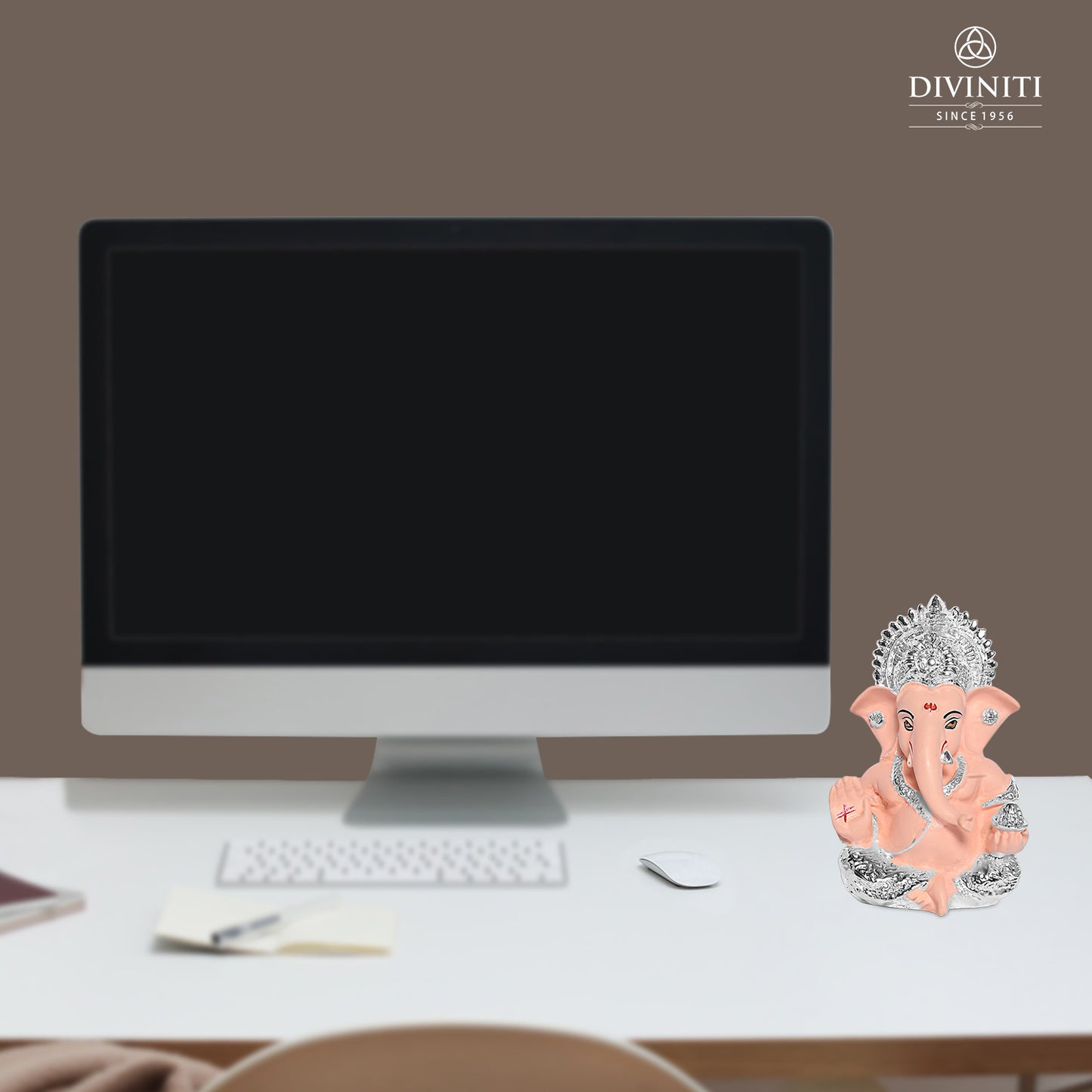 Diviniti 999 Silver Plated Resin Lord Ganesha Idol for Car Dashboard Tabletop for Home Decor Mandir Puja Gift Nude (8.4x4.2cm)