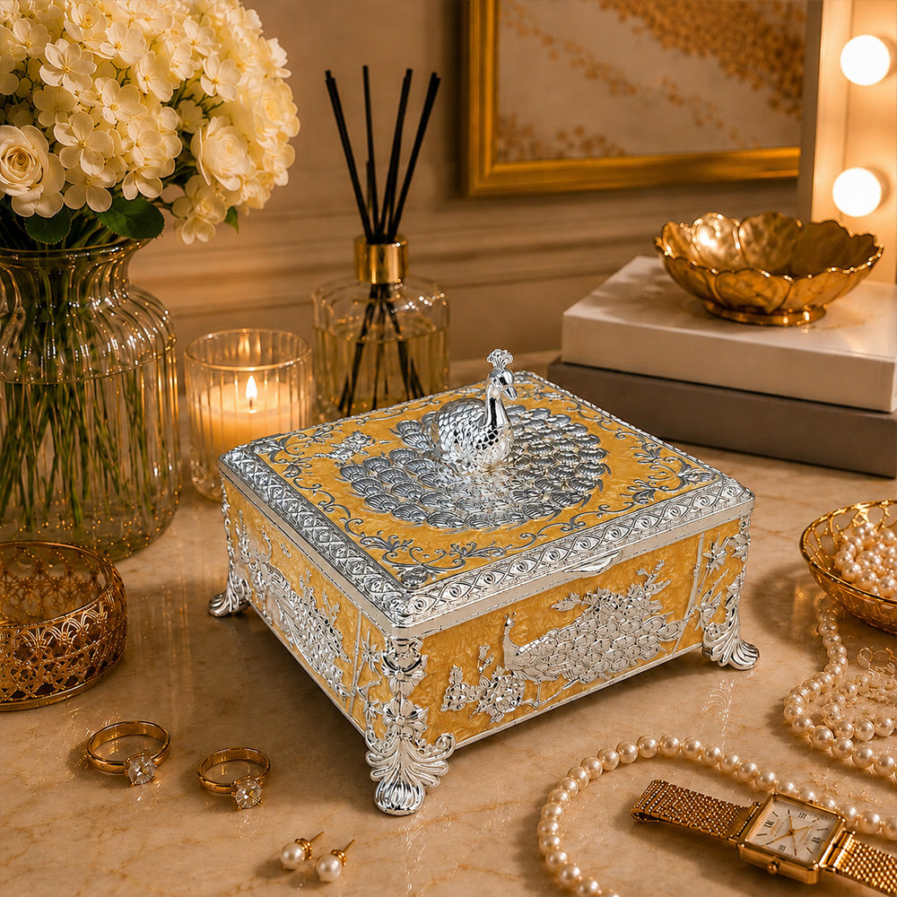 Diviniti Premium German Silver 2-Part Box | Peach Enamel Dry Fruit & Sweet Box for Wedding & Festive Gifting