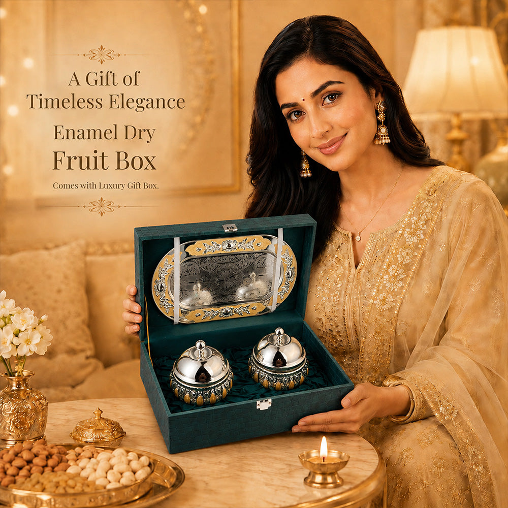 Diviniti Silver-Plated 2 Bowl Serving Set with Tray & Lids | Elegant Peach Enamel Dry Fruit & Mukhwas Bowls for Premium Gifting