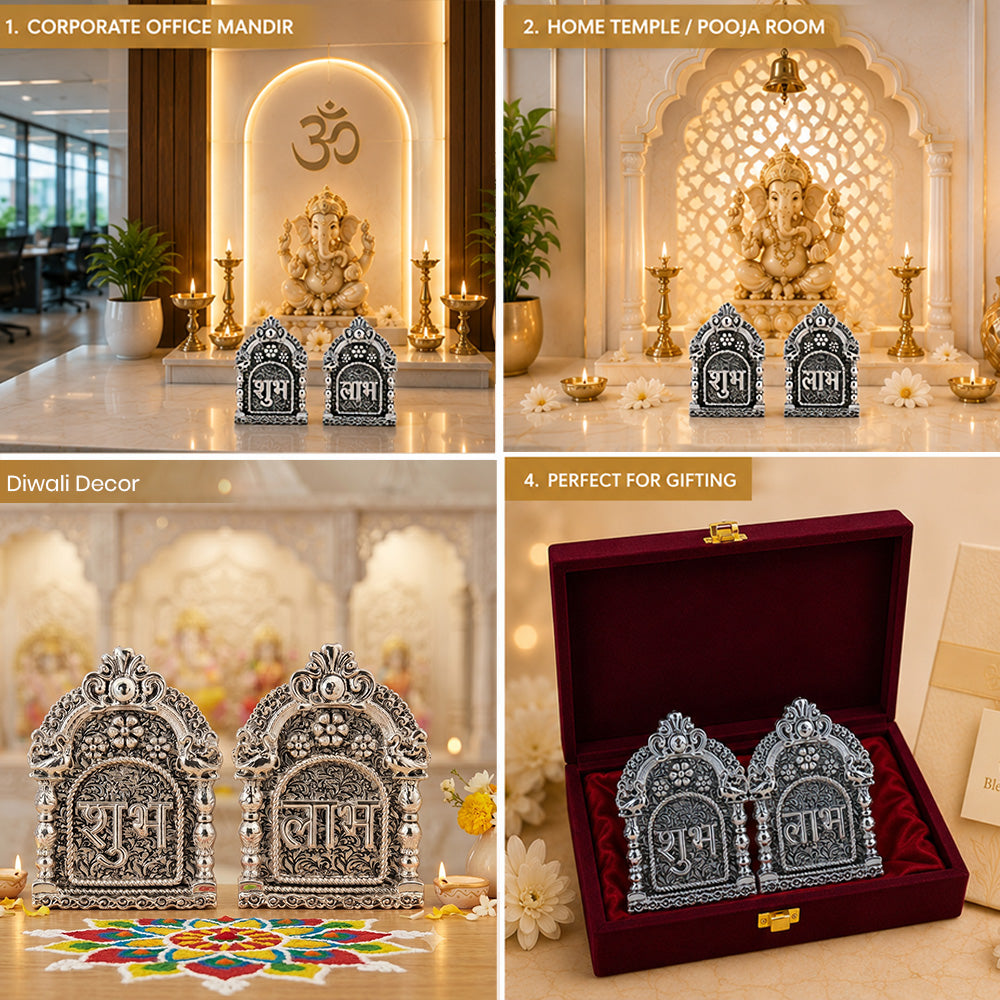 Diviniti 999 Silver Plated Subh Labh Set With Gift Box | Antique Finish Divine Décor