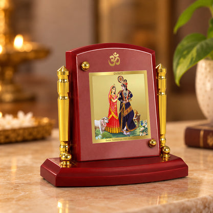 24K Gold-Plated Radha Krishna with Cow MDF Car Dashboard Frame | 7.5x9 CM