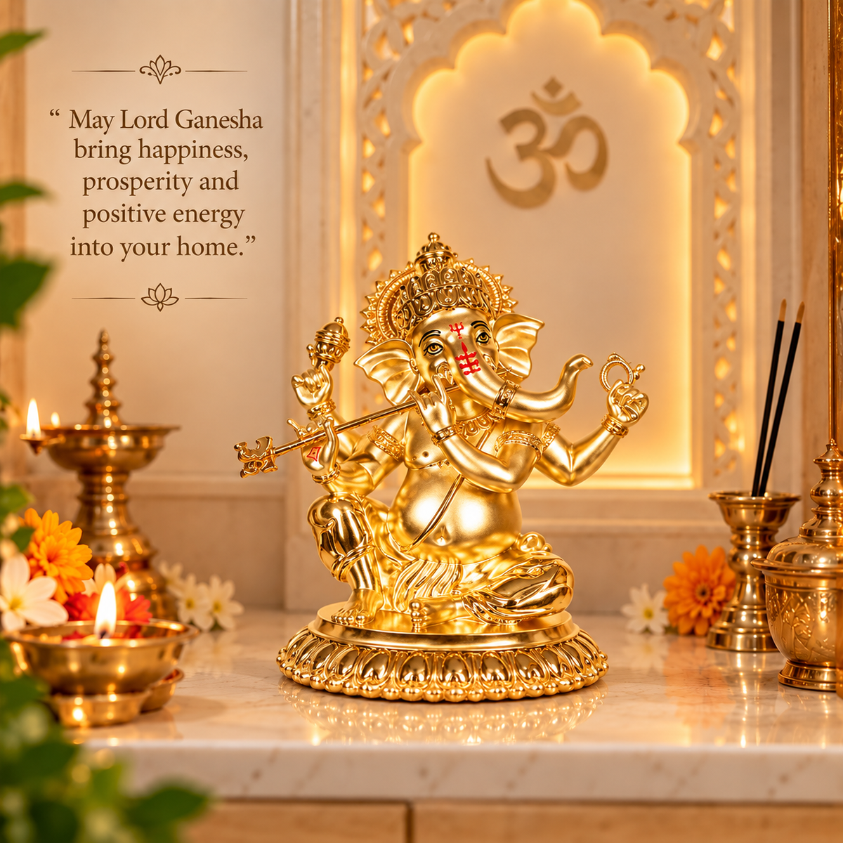 24K Gold-Plated Bansuri Ganesha Idol | Premium Gift Box | 16x14 CM