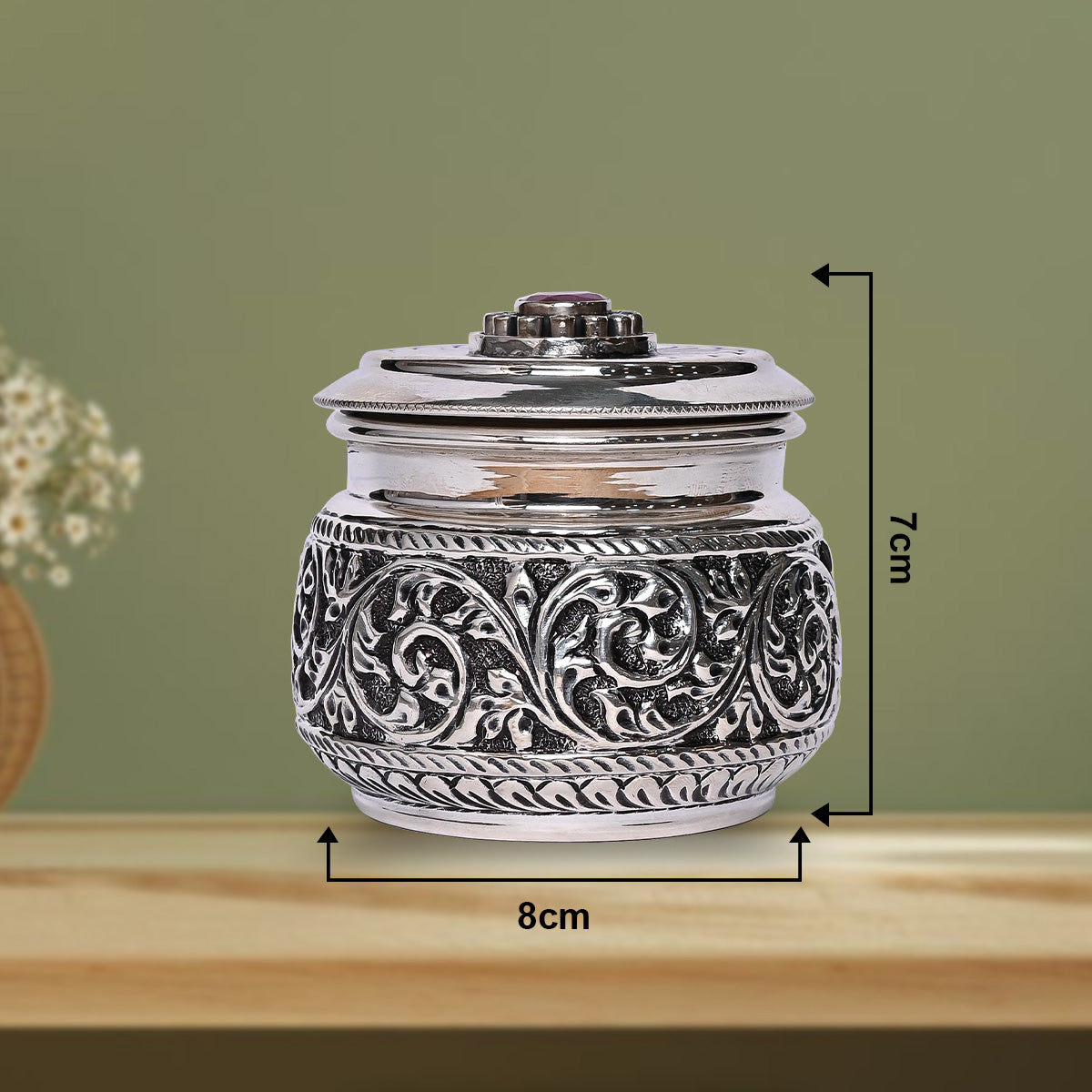 Pure Silver Serenity Box Red Eye Studded, Antique Vintage Design, Handcrafted Jewelry Storage (8x6x7 cm, 136g,)