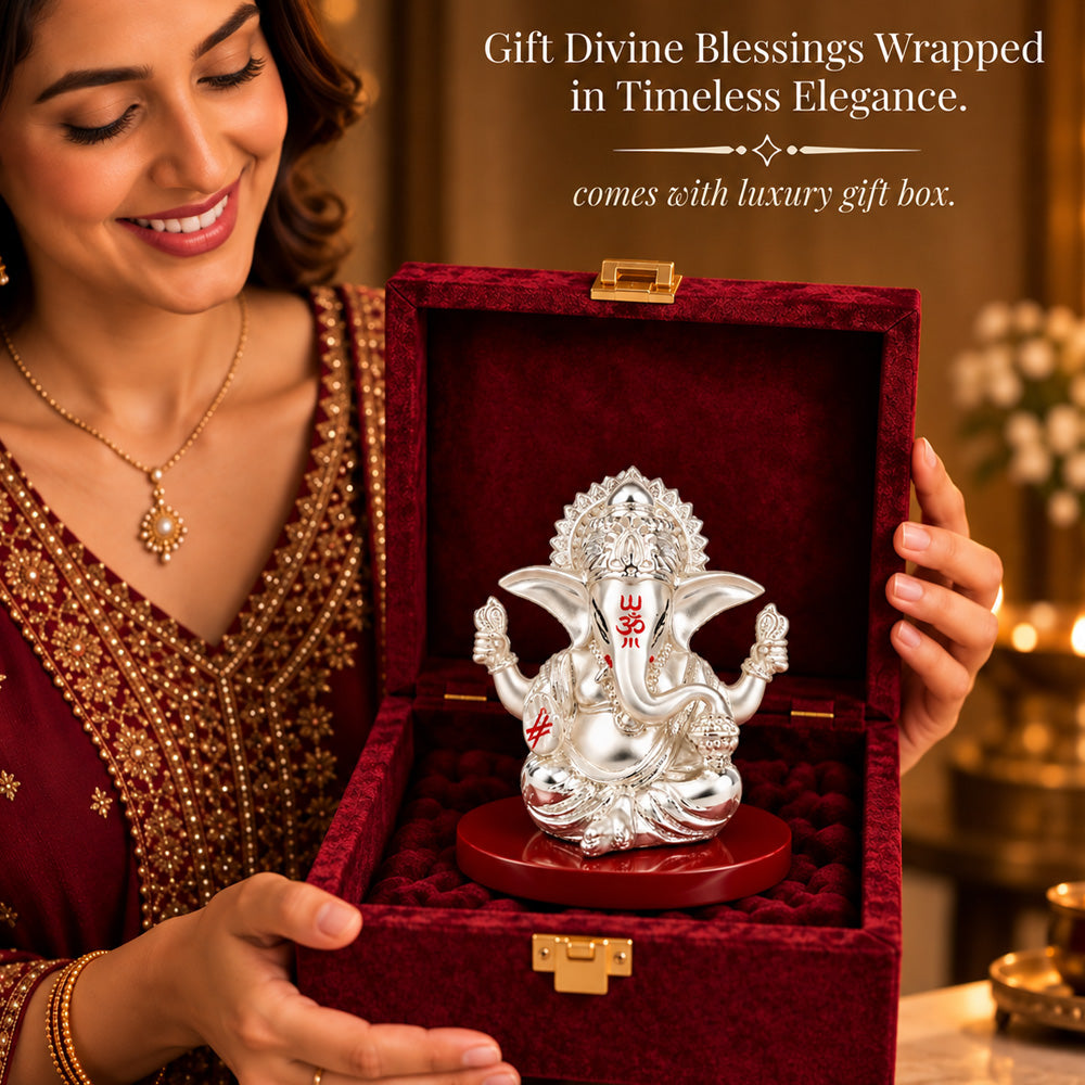 DIVINITI 999 Silver-Plated 4-Hand Ganesha Idol | Car & Home Décor | Gift Box | 8x8 CM
