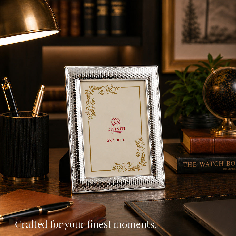 Diviniti Silver-Plated Decorative Photo Frame | Premium Textured Tabletop Frame | 13 x 18 cm