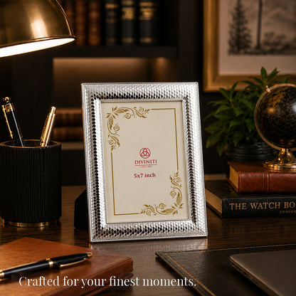 Diviniti Silver-Plated Decorative Photo Frame | Premium Textured Tabletop Frame | 13 x 18 cm