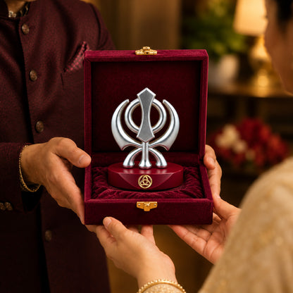 Silver-Plated Khanda Sahib Resin Idol for Car Dashboard & Home | Premium Gift Box | 7.5x5.5 CM