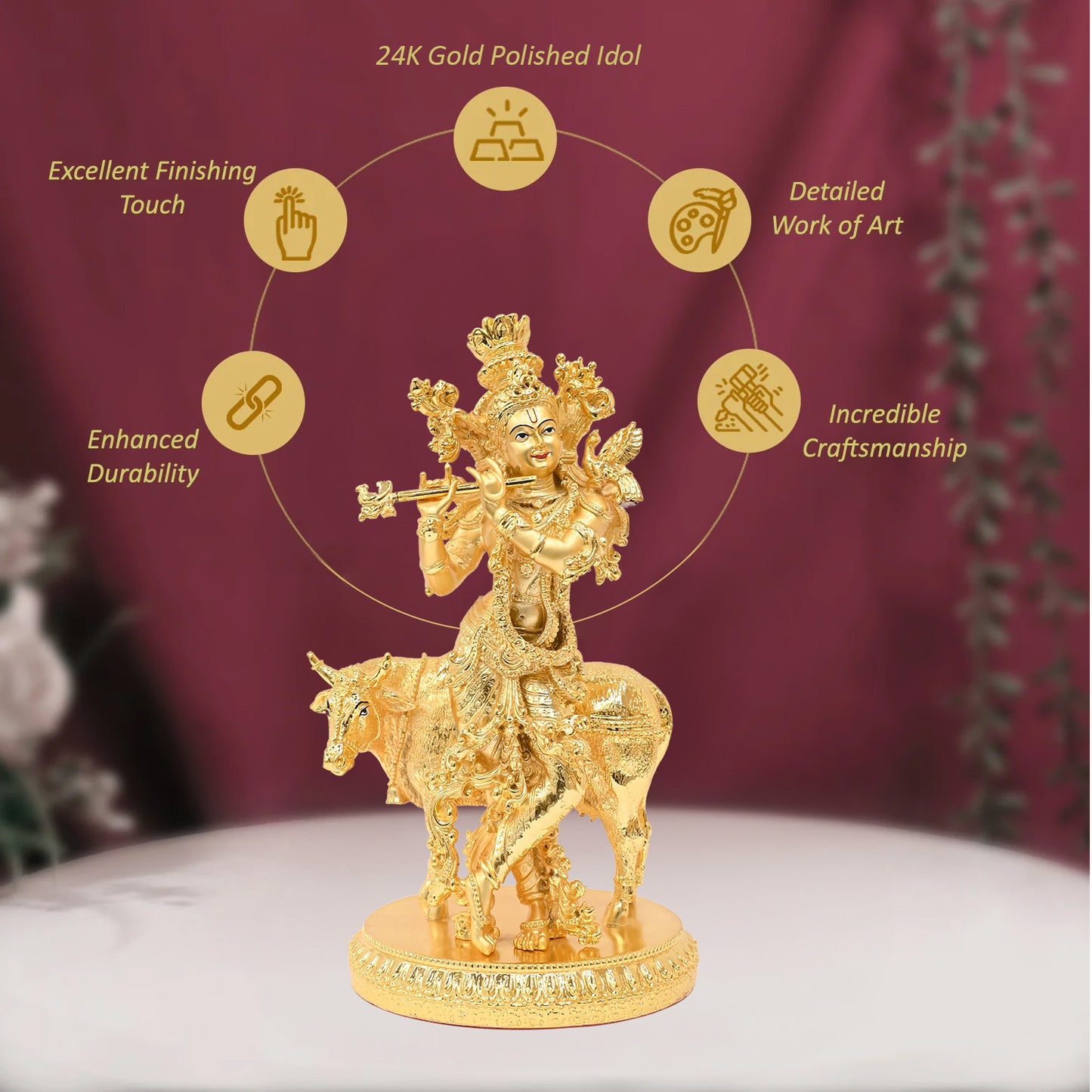 DIVINITI 24K Gold Plated Lord Krishna Statue | Exquisite Divine Idol For Home Decor, Office Table Top, Pooja Room & Luxury Gift (26x15 CM)
