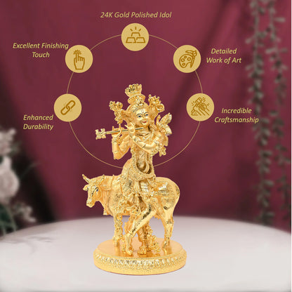 DIVINITI 24K Gold Plated Lord Krishna Statue | Exquisite Divine Idol For Home Decor, Office Table Top, Pooja Room & Luxury Gift (26x15 CM)
