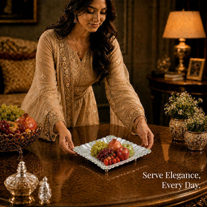 Diviniti Green German Silver Decorative Platter with Luxury Gift Box elegantly serving fruits on a stylish table.