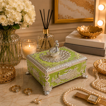 Diviniti Premium German Silver 2-Part Box | Green Enamel Dry Fruit & Sweet Box for Wedding & Festive Gifting