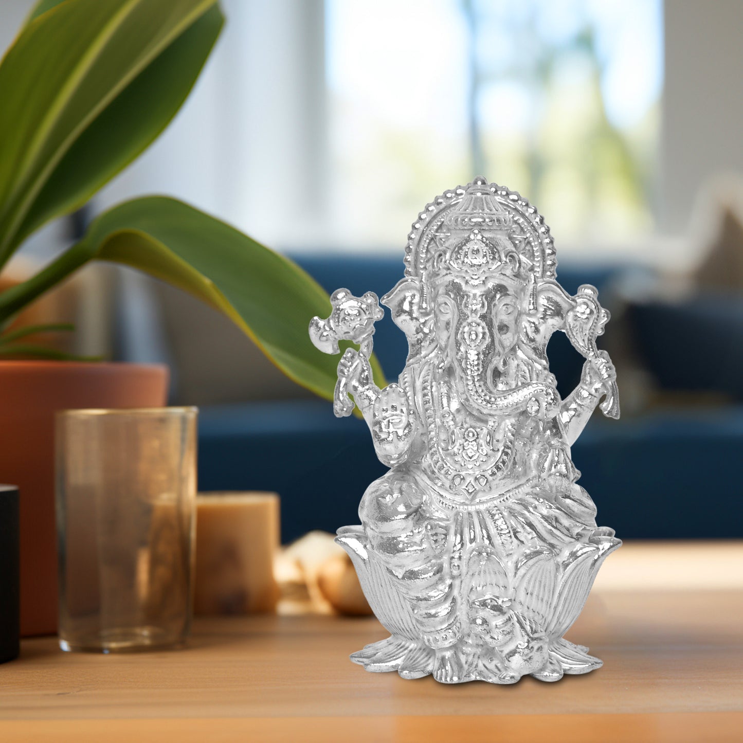 Diviniti 925 Pure Silver Ganesha Idol Statue Exquisite Craftsmanship for Blessings and Abundance for Home Office Décor, Tabletop, Puja Room Gift (6x6.5 CM, 65g)