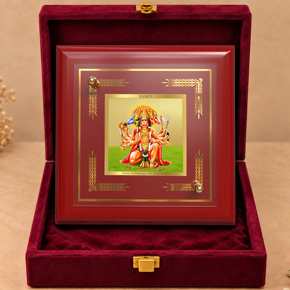 24K Gold-Plated Panchmukhi Hanuman MDF Frame | Premium Gift Box | 10x10 CM