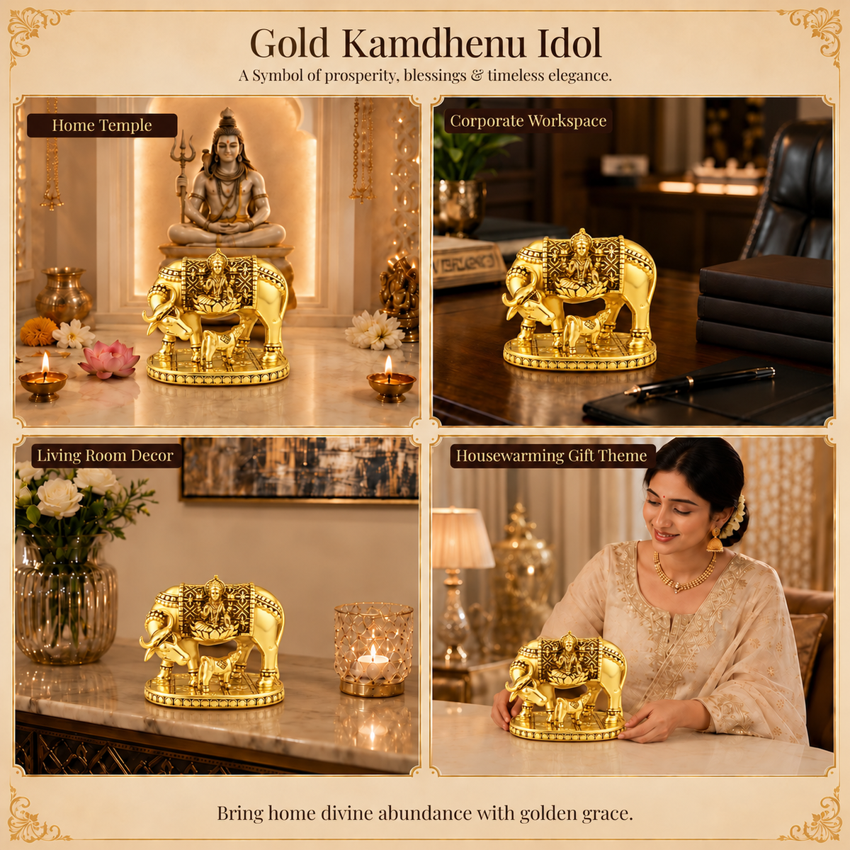 24K Gold-Plated Kamdhenu Cow Idol | Premium Gift Box | 11x9 CM