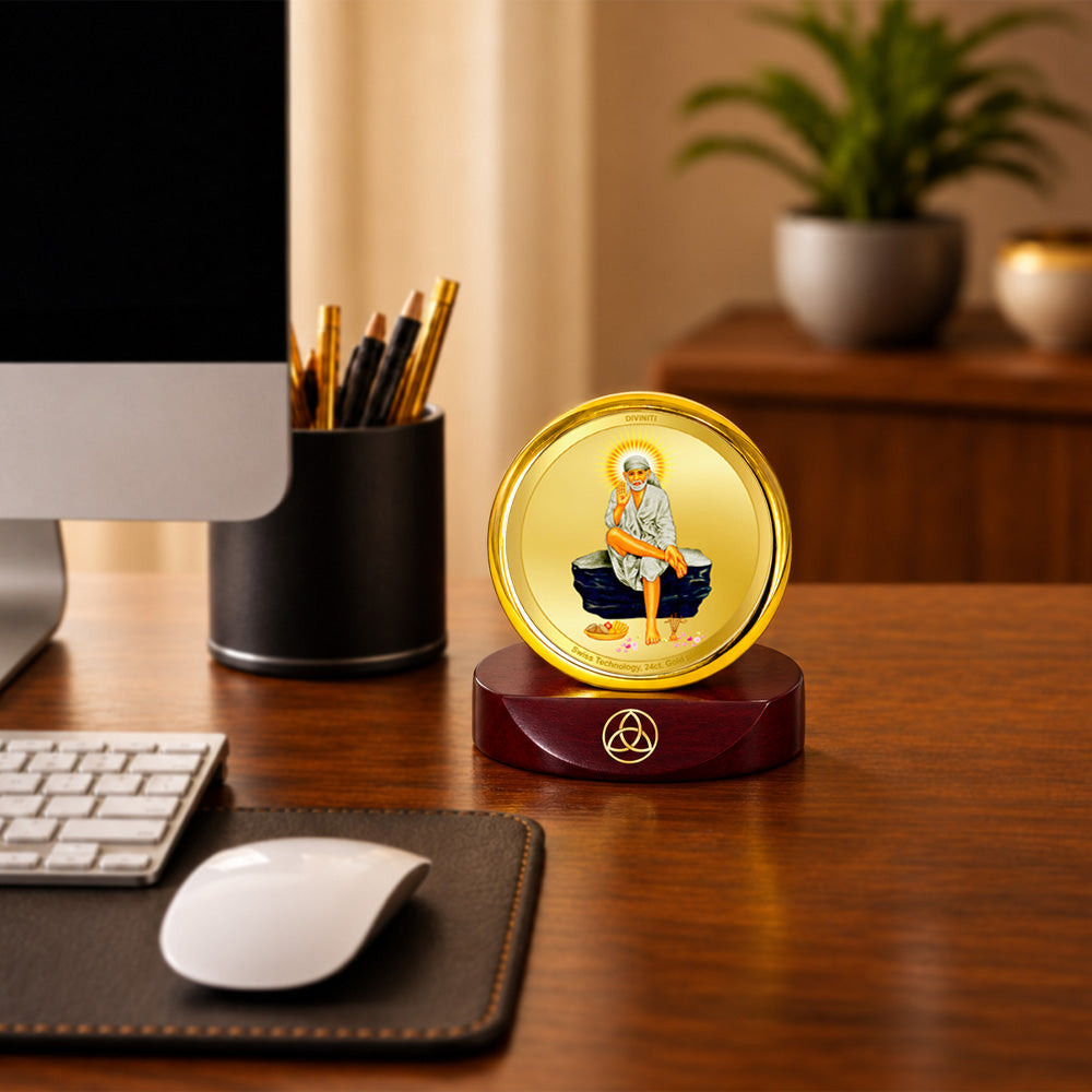 24K Gold-Plated Sai Baba Car Dashboard Frame | 5x5 CM