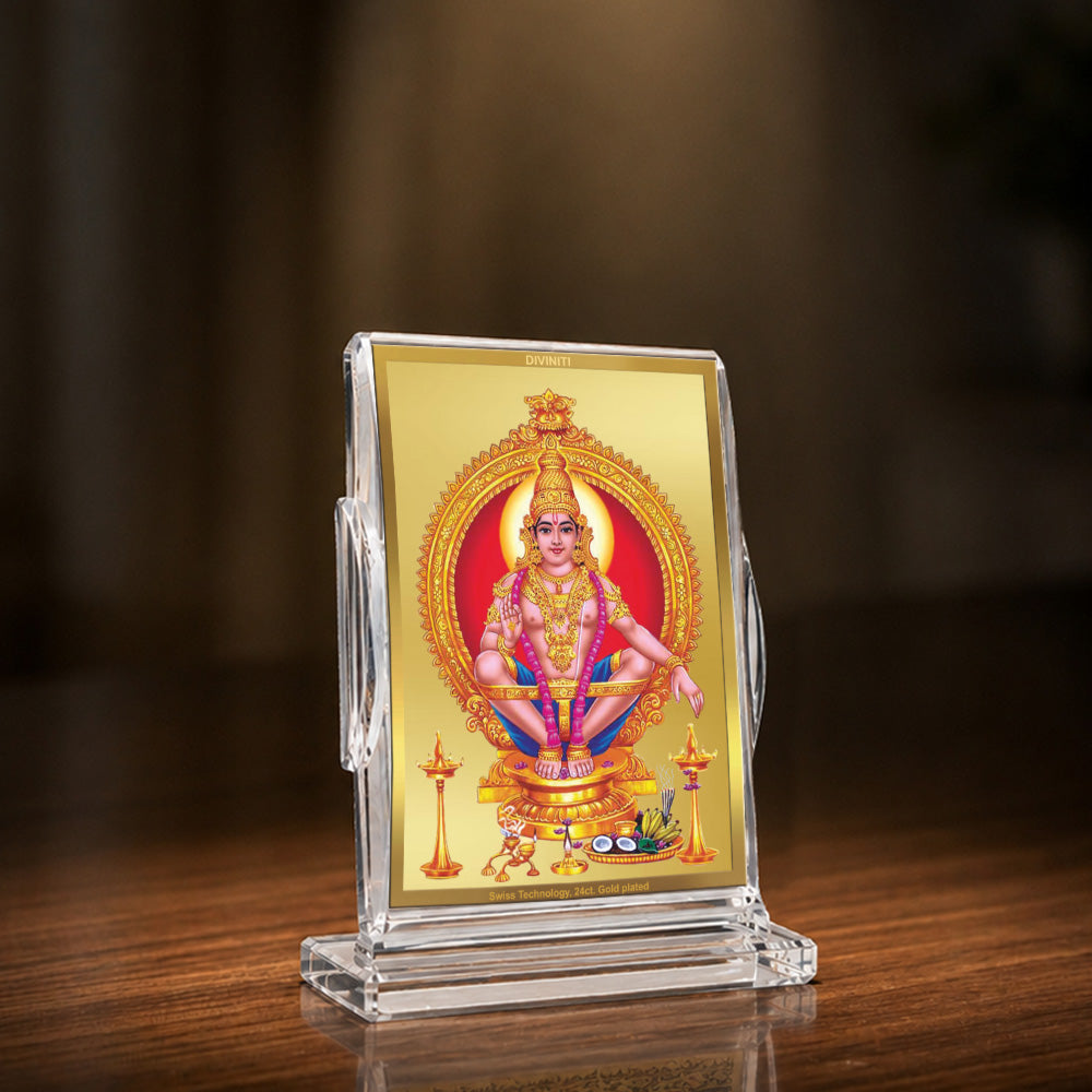 24K Gold-Plated Lord Ayyappan Acrylic Car Dashboard Frame | 11x7 CM