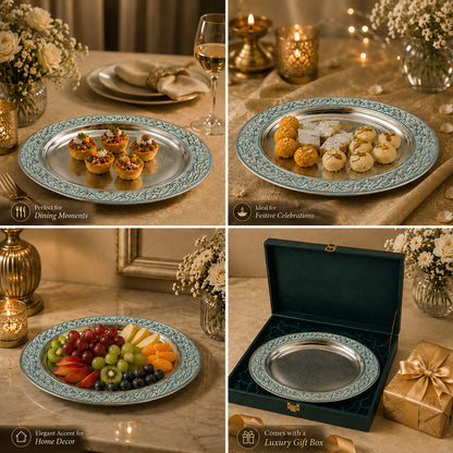 Diviniti Silver-Plated Oval Decorative Tray with Turquoise Enamel Accents | Luxury Serving Platter for Dry Fruits, Sweets & Premium Gifting
