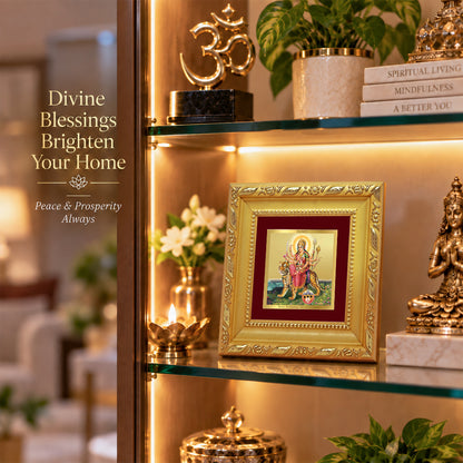 24K Gold-Plated Durga Sherawali Mata with Pind Frame | Premium Gift Box | 10x10 CM