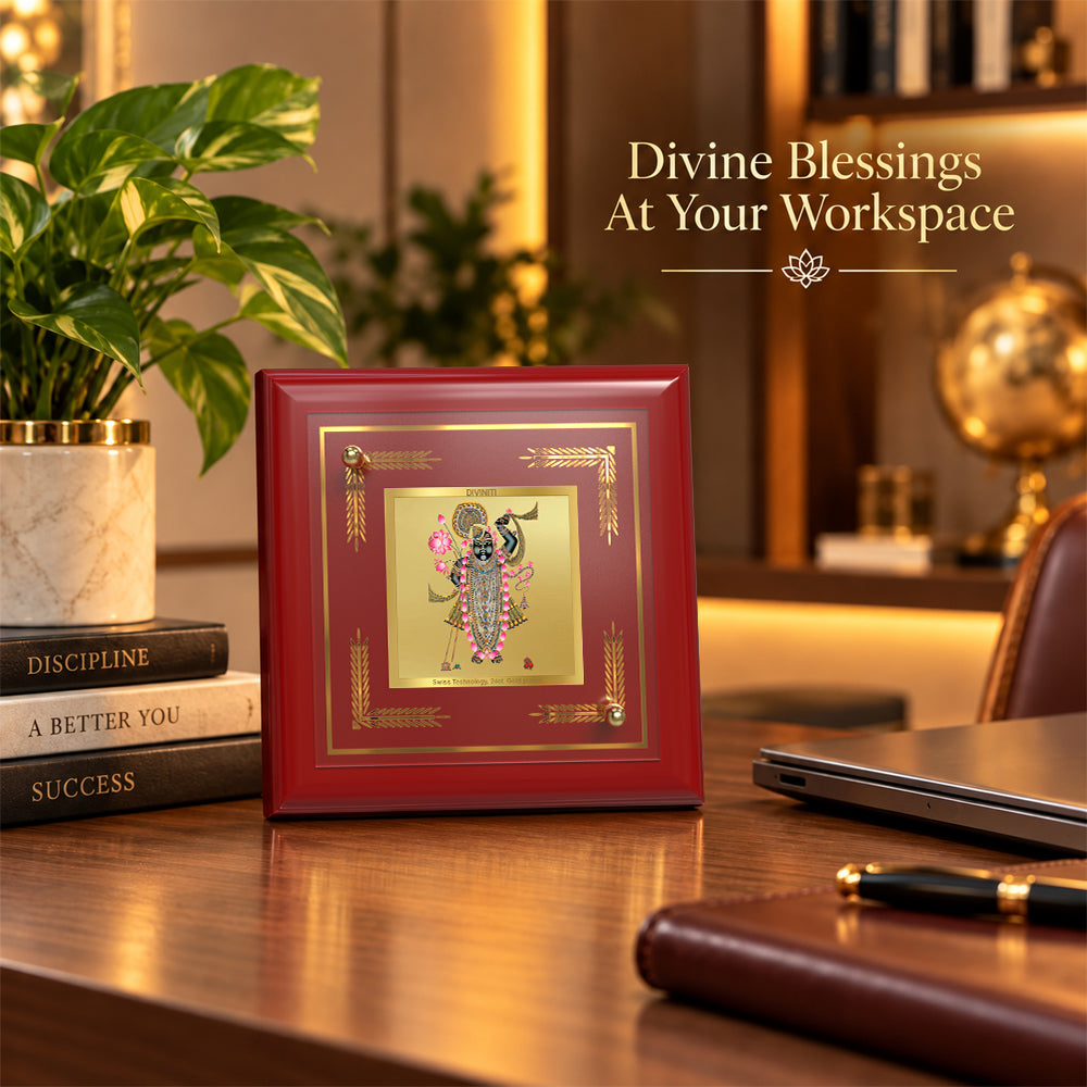 24K Gold-Plated Lord Shrinathji MDF Frame | Premium Gift Box | 10x10 CM