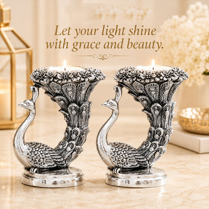 999 Silver-Plated Antique Peacock Candle Holder Pair | Premium Gift Box | 10x8 CM