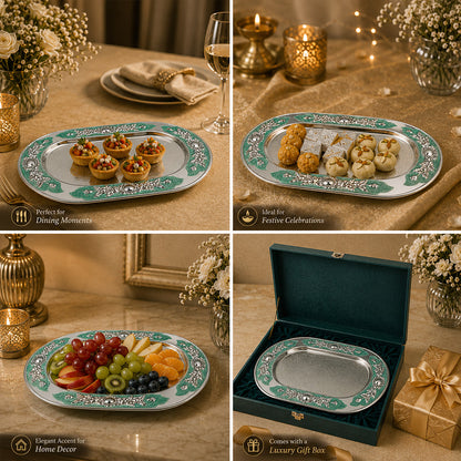 Diviniti Silver-Plated MOP Decorative Tray with Turquoise Accents | Luxury Oval Serving Platter for Dry Fruits, Sweets & Premium Gifting