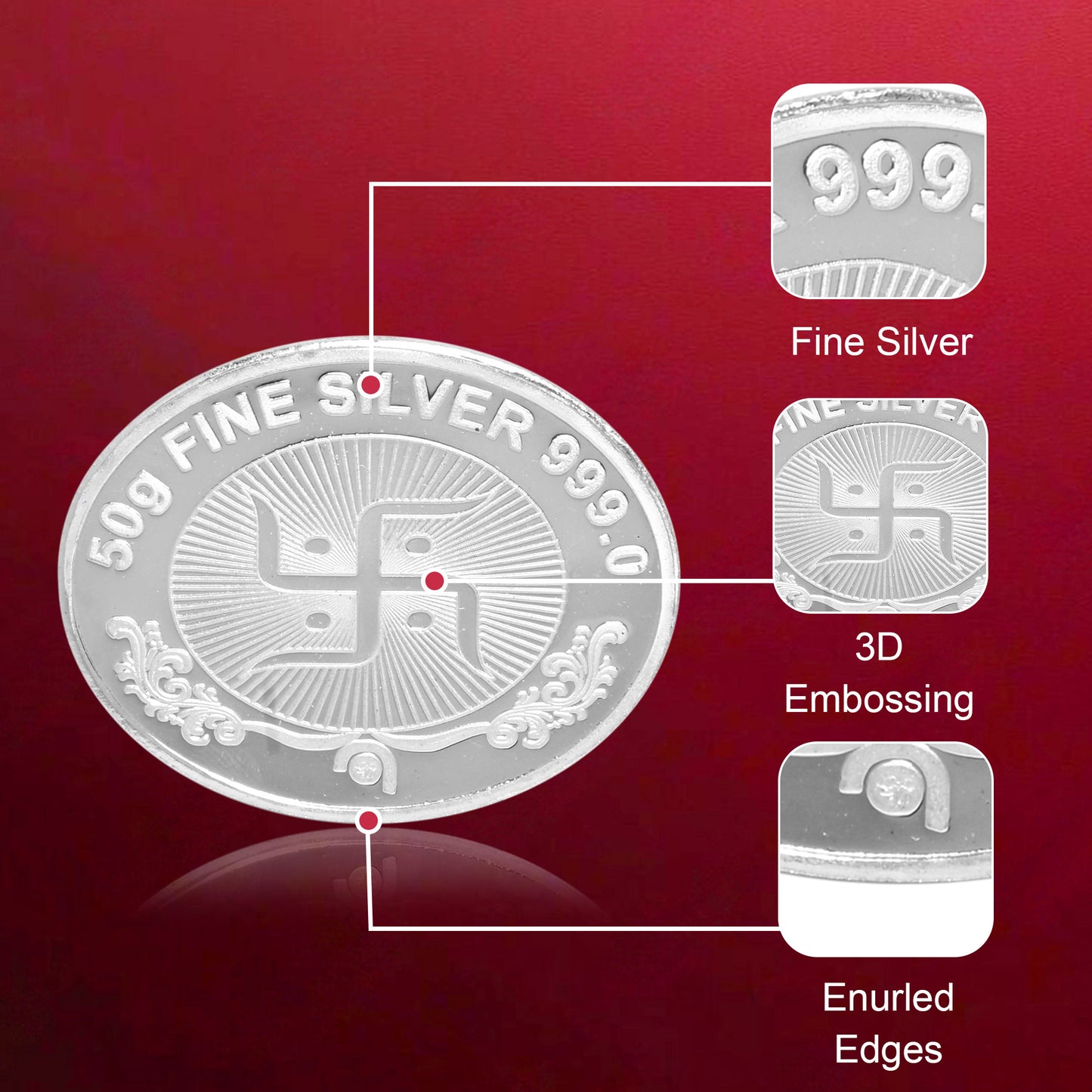 DIVINITI Pure Silver Coin Laxmi Ganesh & Swastik Symbol of Wealth and Blessings for Home & Office Décor, Puja Room Diwali Gift (50g)