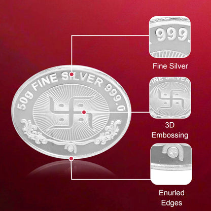 DIVINITI Pure Silver Coin Laxmi Ganesh & Swastik Symbol of Wealth and Blessings for Home & Office Décor, Puja Room Diwali Gift (50g)