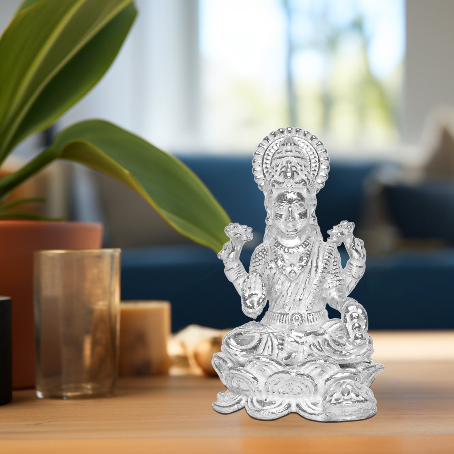 Diviniti 925 Pure Silver Laxmi Ji Idol Statue Divine Elegance Wealth and Prosperity for Home Office Décor, Tabletop, Puja Room Gift (7.5x11.8 CM, 118g)