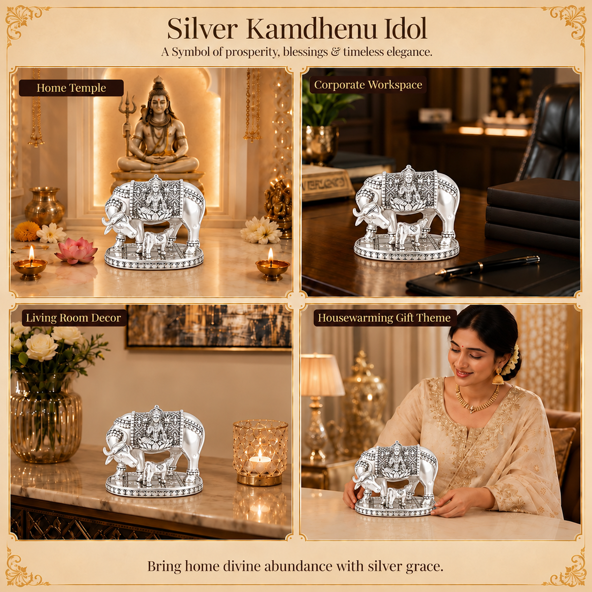 999 Silver-Plated Kamdhenu Cow Idol | Premium Gift Box | 16x22 CM
