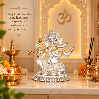 999 Silver-Plated Dual-Tone Bansuri Ganesha Idol | Premium Gift Box | 16x14 CM