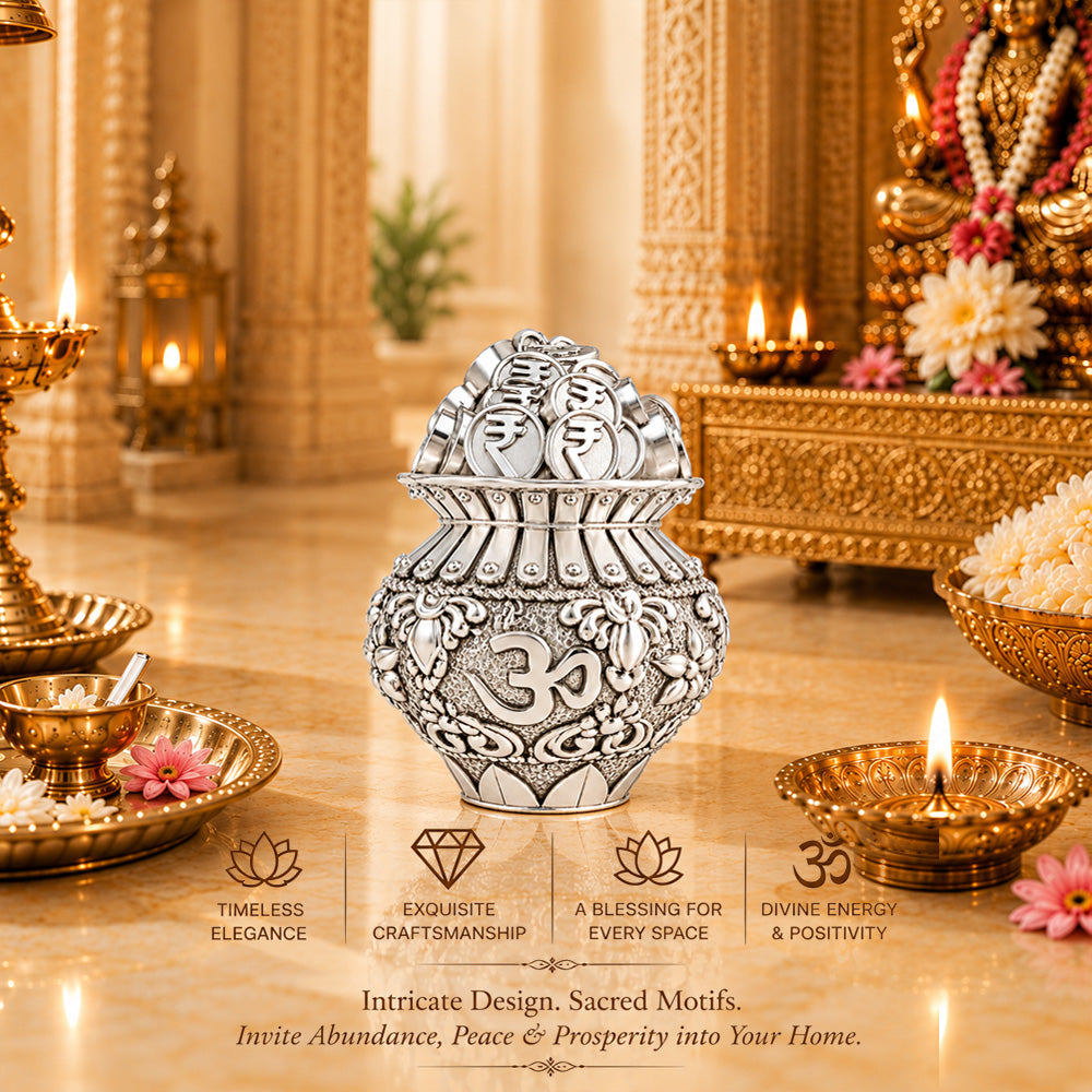 999 Silver-Plated Om Coin Kalash | Premium Gift Box | 9x5 CM