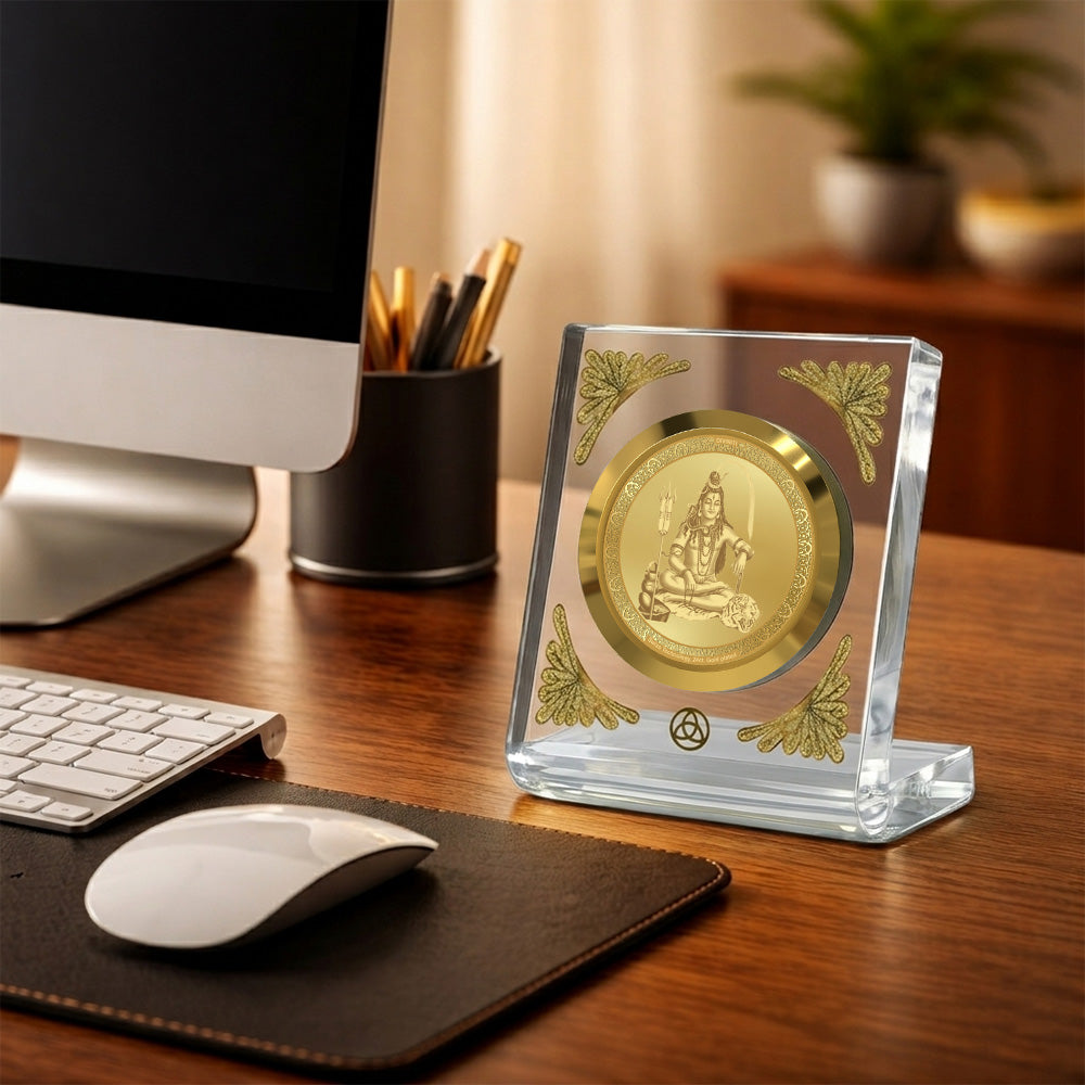 Lord Shiva 24K gold plated frame on a desk, enhancing workspace aesthetics with divine elegance.