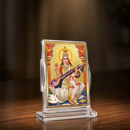 24K Gold-Plated Goddess Saraswati Acrylic Car Dashboard Frame | 11x7 CM