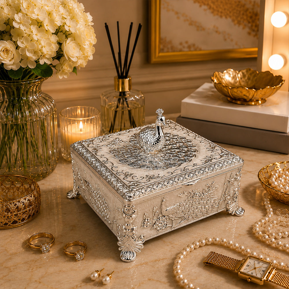 Diviniti Premium German Silver 2-Part Box | White Decorative Dry Fruit & Sweet Box for Wedding & Festive Gifting