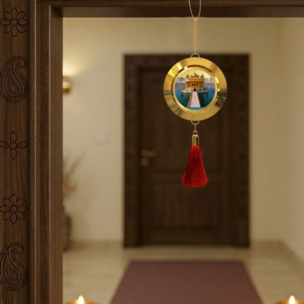 Diviniti 24K Gold Plated Double-Sided Baba Deep Singh & Golden Temple Car Dangler (5.5 cm) | Divine Hanging Car Decor for Protection, Positive Energy & Spiritual Blessings