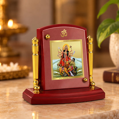 24K Gold-Plated Durga Mahishasura Mardini MDF Car Dashboard Frame | 7.5x9 CM